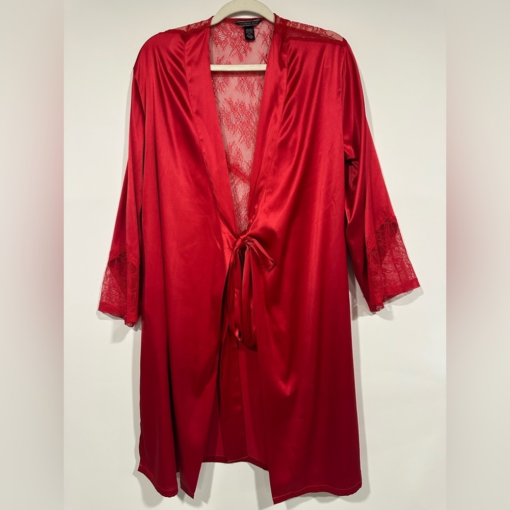 Victoria's Secret Robe Komono Red Satin Lace Inset Tie Belt Size M